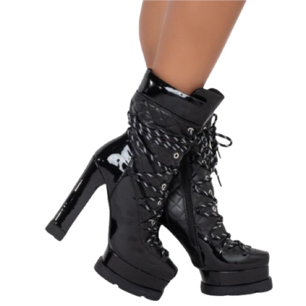 Dolls Kill Black Quilted Vegan Leather Ultra Chunky Platform High Heel Boots